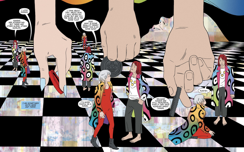 Loma Shade having a conversation with Rac Shade, her mentor who is also the original Shade, the Changing Man.